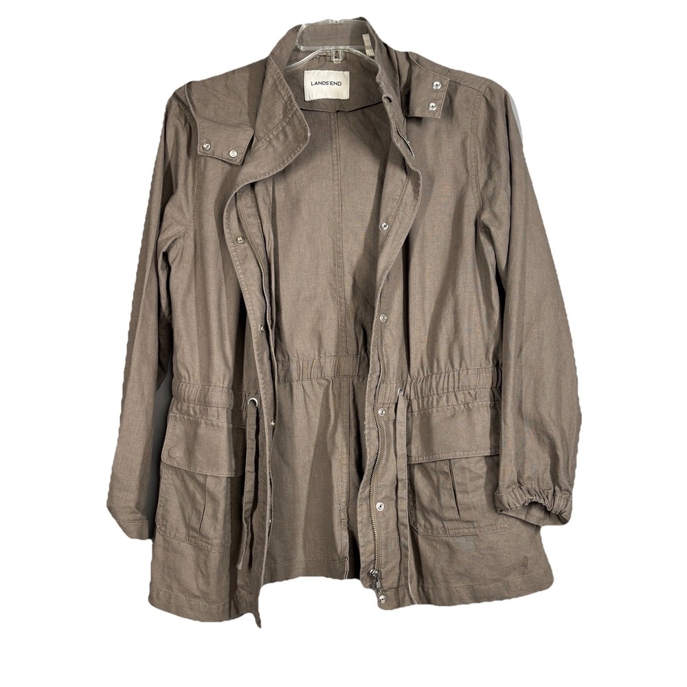 Land's End Jacket Womens Size 10 Brown 100% Linen Button Down Pockets Hood